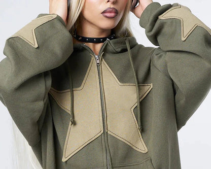 Y2K Vintage Star Print Hooded Hoodie for Women