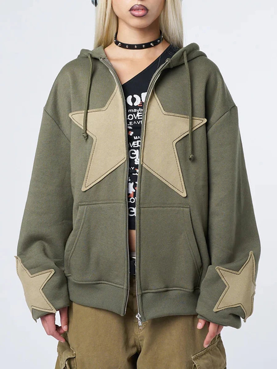 Y2K Vintage Star Print Hooded Hoodie for Women